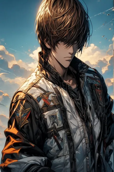 masterpiece, best quality, illustration, 1boy, solo, male focus, looking at viewer, upper body, , , , light_yagami, , bomber jac...