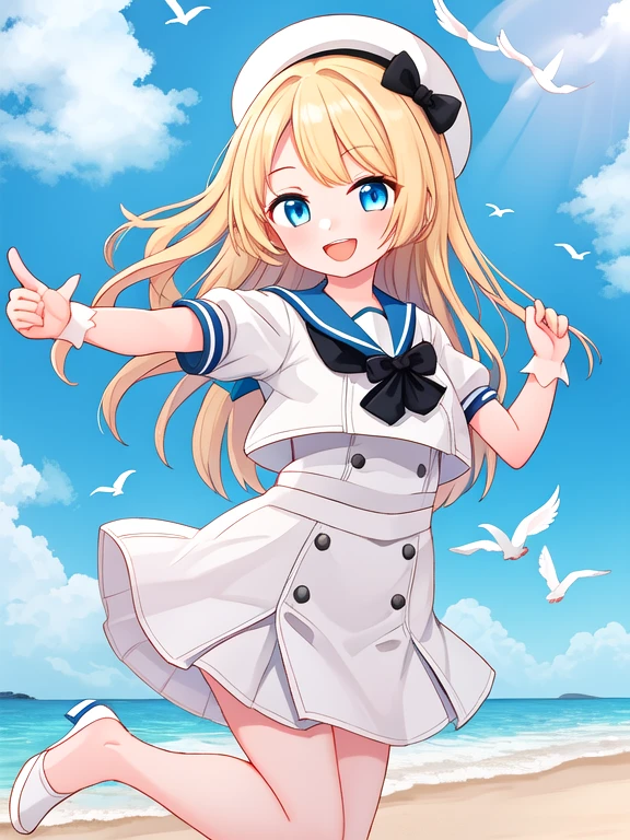 alone, one girl, jarvis, long hair, sailor hat, white sailor suit, cropped jacket, short sleeves, blonde, cute, happy, nice smile, young, bright sunlight, Full body image, Are standing, dance, (masterpiece:1.2), best quality, masterpiece, top quality, sea, seagulls, looking at viewer, flowers, shining eyes,