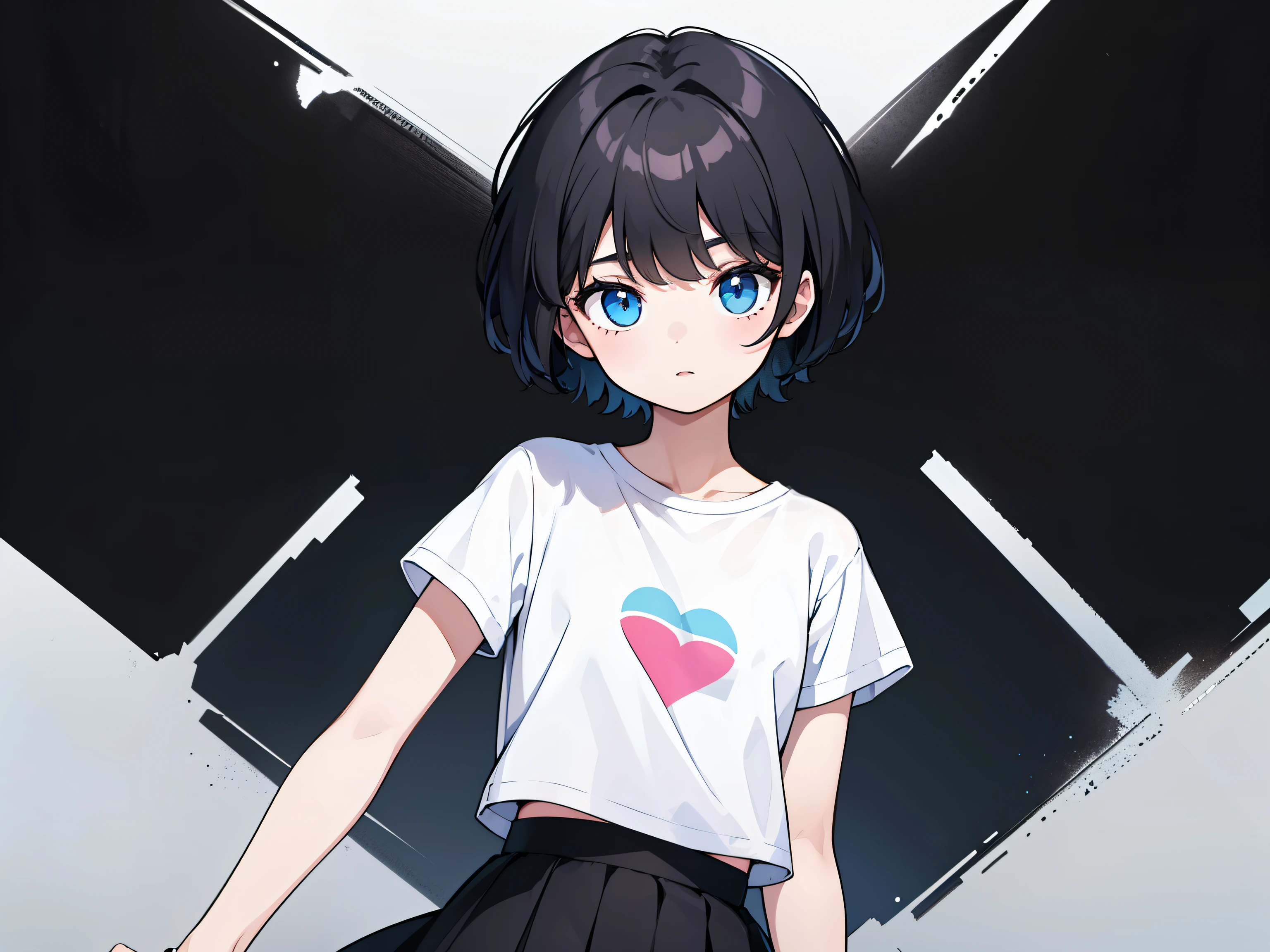 1girl, solo, blue eyes, (detailed eyes), flat chest, short hair, black hair, ((white t-shirt)), simple t-shirt, black skirt, black socks, standing, upper body, (white background), Transparent background, looking down, ((masterpiece, illustration, best quality)) 