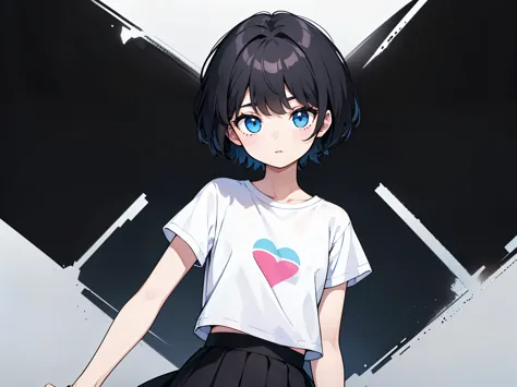 1girl, solo, blue eyes, (detailed eyes), flat chest, short hair, black hair, ((white t-shirt)), simple t-shirt, black skirt, bla...