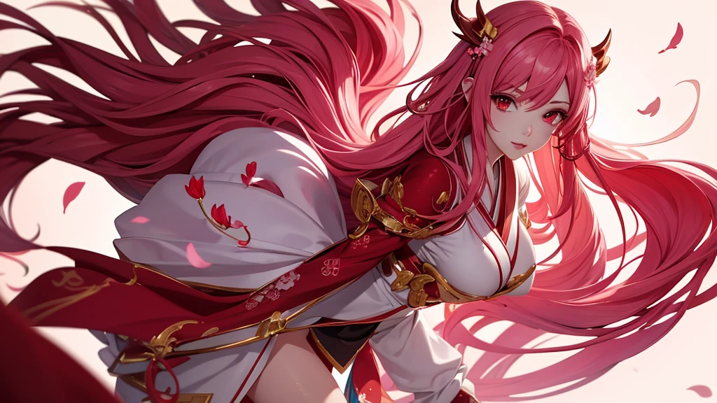 Serafina1, League of Legends, pink hair, They, daemon, red daemon horns, blood moon, white traditional japanese kimono, Red Makeup, red background, sakura flowers, Japanese Athlete, Luminous effects, long hair, split