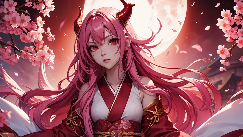 Serafina1, League of Legends, pink hair, They, daemon, red daemon horns, blood moon, white traditional japanese kimono, Red Makeup, red background, sakura flowers, Japanese Athlete, Luminous effects, long hair, split