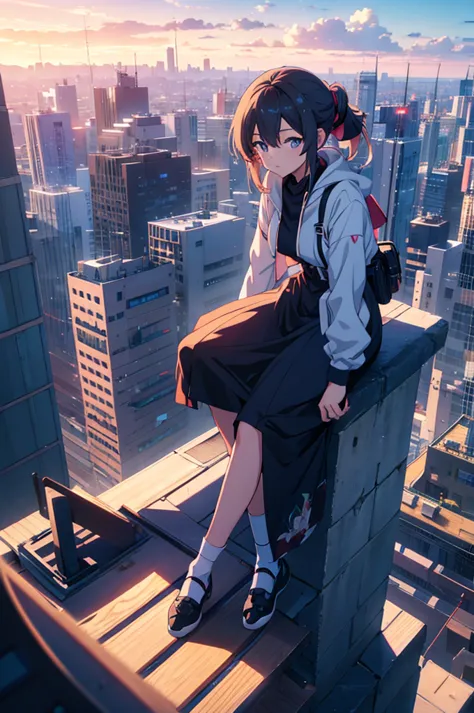 anime girl sitting on a ledge overlooking a cityscape, animated style 4 k, 4k anime wallpaper, animated style. 8k, manga wallpap...