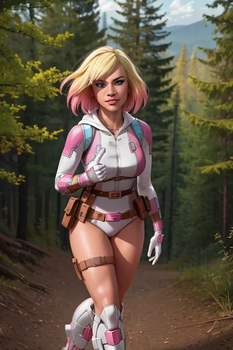 ((ultra quality)), ((masterpiece)), (gwenpool:1), ((blonde hair, multicolored hair, blue eyes)),(superhero, bodysuit, pink leota...