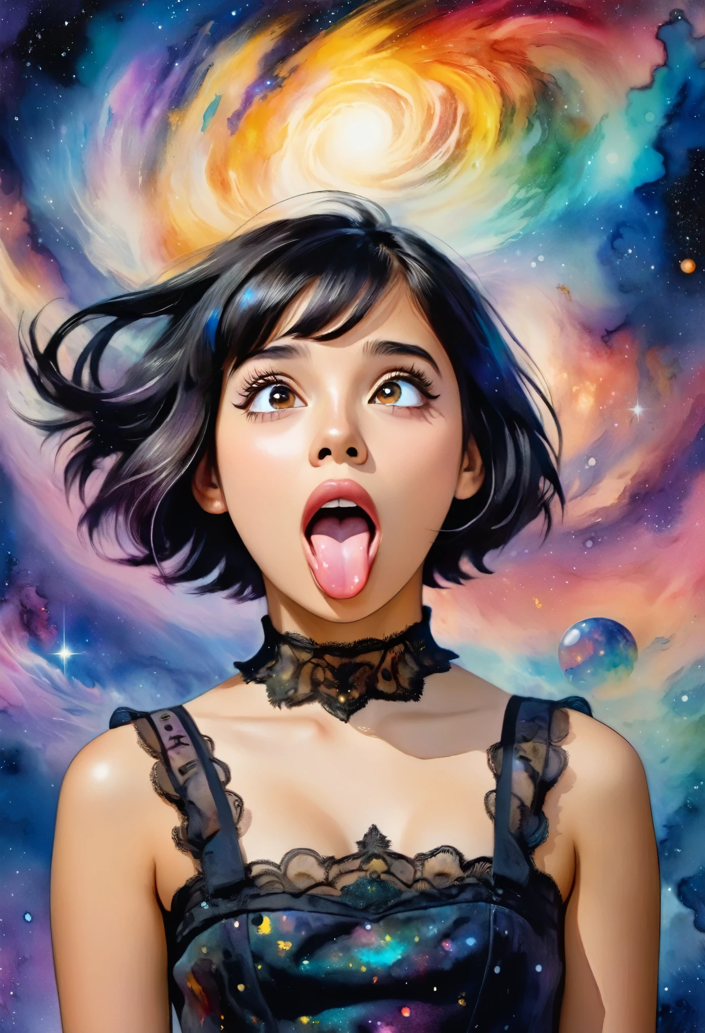 (ahegao!)[((Young girl isabelmoner-smf, dora, the expression of a nirvana face)), long tongue, Cute Black Chaos Bob To The Wind, baroque:20]:BG[Nebula] (Art by Mordecai-Ardon), Lush watercolor palette canvas/acrylic, Intricate, Extreme detailing, Complex key, ((Single Shot)), ((Best Quality)), ((Masterpiece)) , ( (Realistic)), (IDEAL), 8K, impressionism: 0.2 Обои Full HD