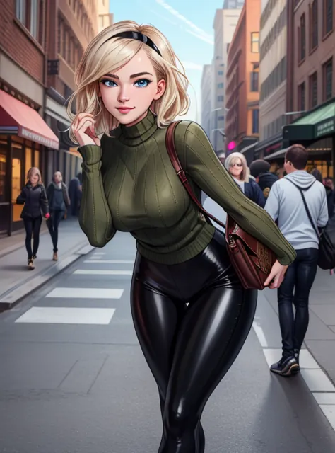 ((ultra quality)), ((masterpiece)), a woman looking at the viewer, expressive, (Gwen Stacy:1.1), (18-Years-Old:1.2), platinum bl...