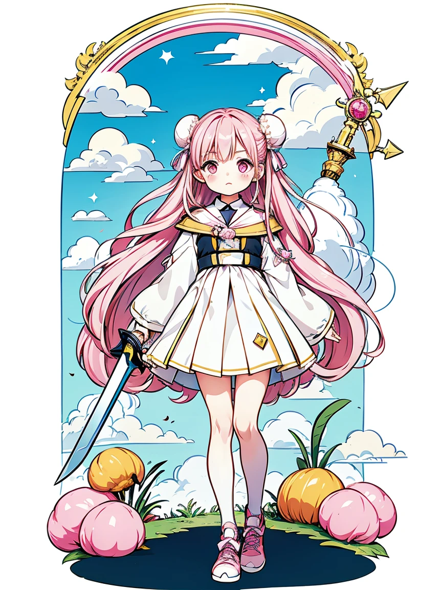 ((Stickers))，Stickers，1 Girl, With sword, White Background,Simple Background,Concept Art,Under Art，Anime Style，Dreamland Wonderland、Fantasy，masterpiece，High resolution，colorful，Detailed explanation，Seven Colors,(Highest quality,masterpiece, Complex,Super detailed,8K超High resolution,超High resolution，Very detailed)，{Detailed and beautiful eyes}, finely,  Detailed and beautiful eyes,1 Girl, (alone:1.5),  (Hair Ribbon:0.4), Pink Eyes,Cinematic Angles,perspective,(((White bun hair))),(((Long pink hair))),whole body,