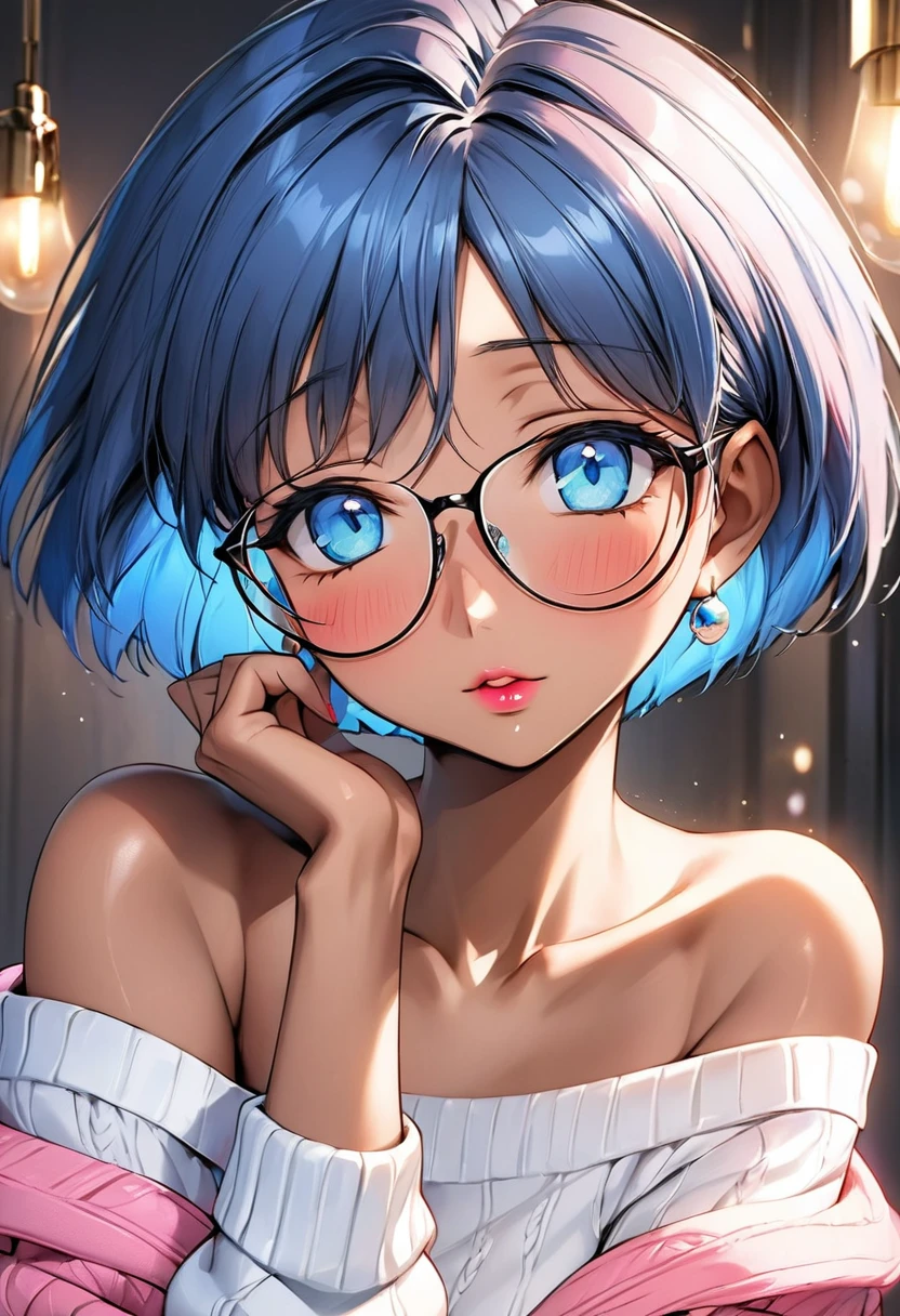 (masterpiece, best quality:1.2), ,1 Girl, solo，Blue short hair（（（Exquisite eyes）））（（off-shoulder sweater））Radiant Skin，dark skin，wear glasses，Pink lips