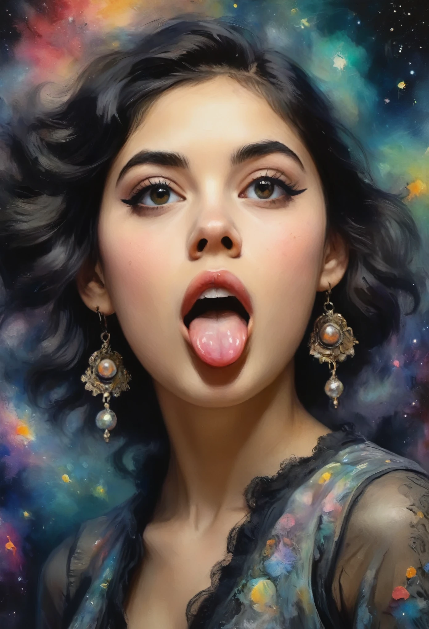 (ahegao!)[((Young girl Valerie Tramell, the expression of a nirvana face)), long tongue, Cute Black Chaos Bob To The Wind, baroque:20]:BG[Nebula] (Art by Mordecai-Ardon), Lush watercolor palette canvas/acrylic, Intricate, Extreme detailing, Complex key, ((Single Shot)), ((Best Quality)), ((Masterpiece)) , ( (Realistic)), (IDEAL), 8K, impressionism: 0.2 Обои Full HD