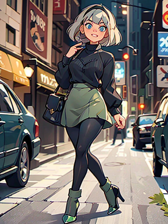 (best quality:1.3), (4K quality),masterpiece, best quality, high res, detailed, (Detailed face:1.2), (Detailed eyes:1.2), gwenclassic2023, platinum blonde hair, bright blue eyes, ((Wearing: black hairband, olive green sweater, grey skirt, shiny black tights, black heels:1.2)), holding a handbag, smile, looking at viewer, walking in new york, (intricate background:1.1),
