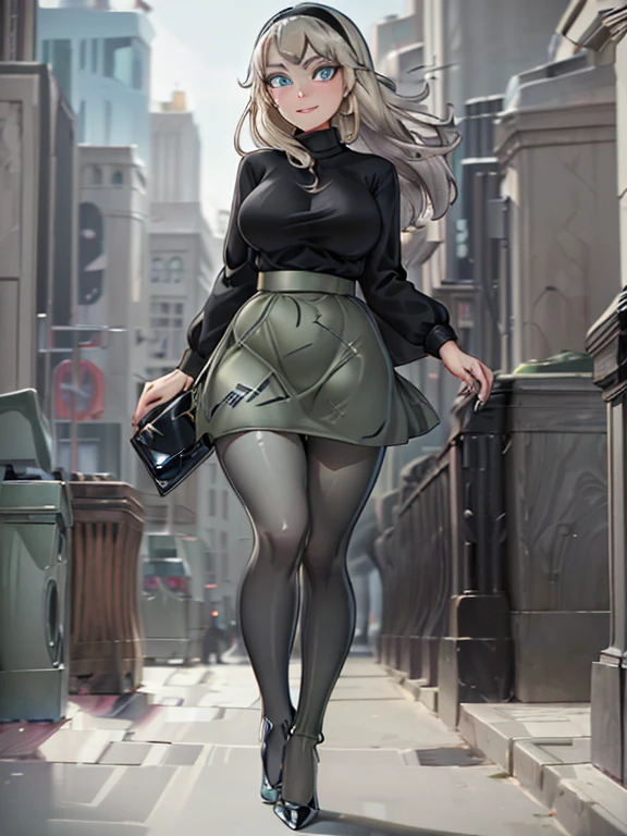masterpiece, best quality, detailed, 1girl, solo, gwenclassic2023, platinum blonde hair, bright blue eyes, ((Wearing: black hairband, olive green sweater, grey skirt, shiny black tights, black heels:1.2)), holding a handbag, smile, looking at viewer, walking in new york, (intricate background:1.1),
