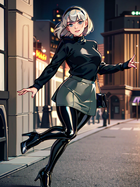 masterpiece, best quality, detailed, 1girl, solo, gwenclassic2023, platinum blonde hair, bright blue eyes, ((Wearing: black hairband, olive green sweater, grey skirt, shiny black tights, black heels:1.2)), holding a handbag, smile, looking at viewer, walking in new york, (intricate background:1.1),
