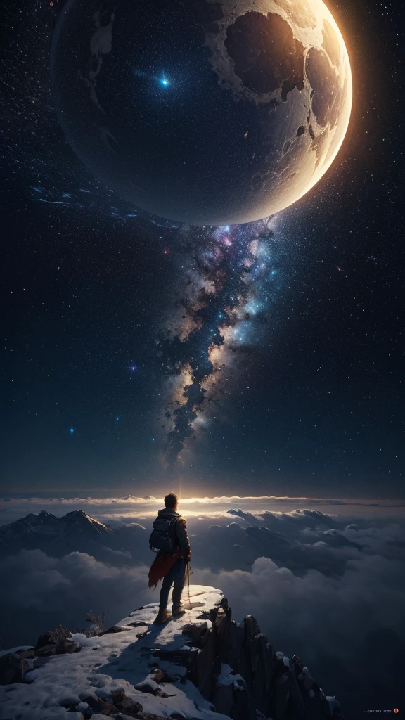 (Highly detailed CG Unity 8k wallpaper), A man looking up at the night sky, The most beautiful space art panorama, SF universe scenery, planet, Ed Blinky, Atey Gailan, Professional and spectacular paintings from Studio Ghibli, Jeremy Mann, Greg Manchess, Antonio Moro, Trending on Art Station, Trending on CGSociety, complicated, High detail, Sharp focus, dramatic, Photorealistic paintings by Midjourney and Greg Rutkowski