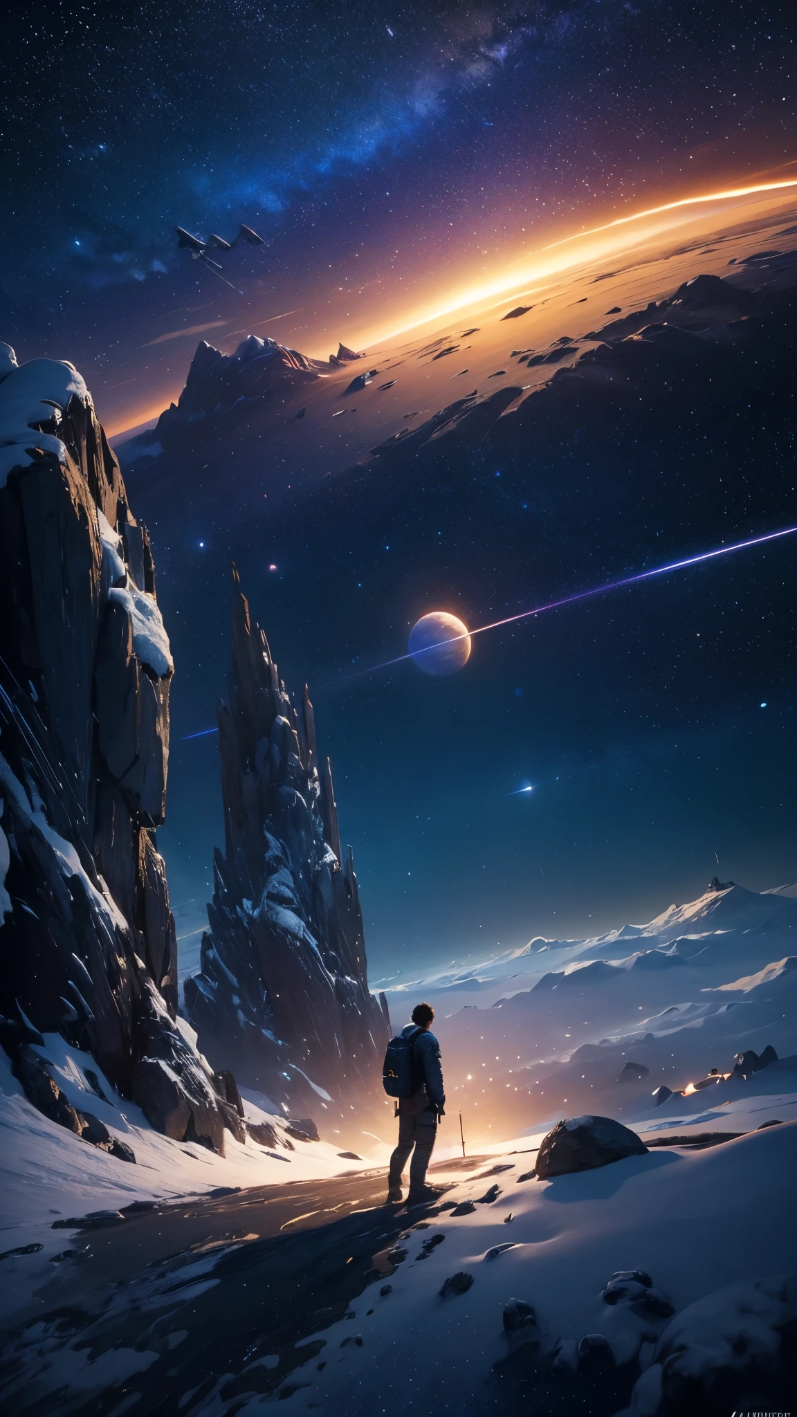 (Highly detailed CG Unity 8k wallpaper), A man looking up at the night sky, The most beautiful space art panorama, SF universe scenery, planet, Ed Blinky, Atey Gailan, Professional and spectacular paintings from Studio Ghibli, Jeremy Mann, Greg Manchess, Antonio Moro, Trending on Art Station, Trending on CGSociety, complicated, High detail, Sharp focus, dramatic, Photorealistic paintings by Midjourney and Greg Rutkowski