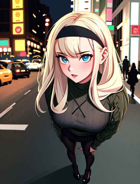 (masterpiece,best quality,absurdres,beautiful,aesthetic,detailed),cinematic angle, (Detailed face:1.2), (Detailed eyes:1.2), 1girl, solo, (Gwen Stacy:1.1), platinum blonde hair, bright blue eyes, ((Wearing: Black headband, olive green sweater, black leggings, black heels)), standing outside on New York streets, crowds of people on the surroundings, busy atmosphere, cinematic lighting, detailed background,
