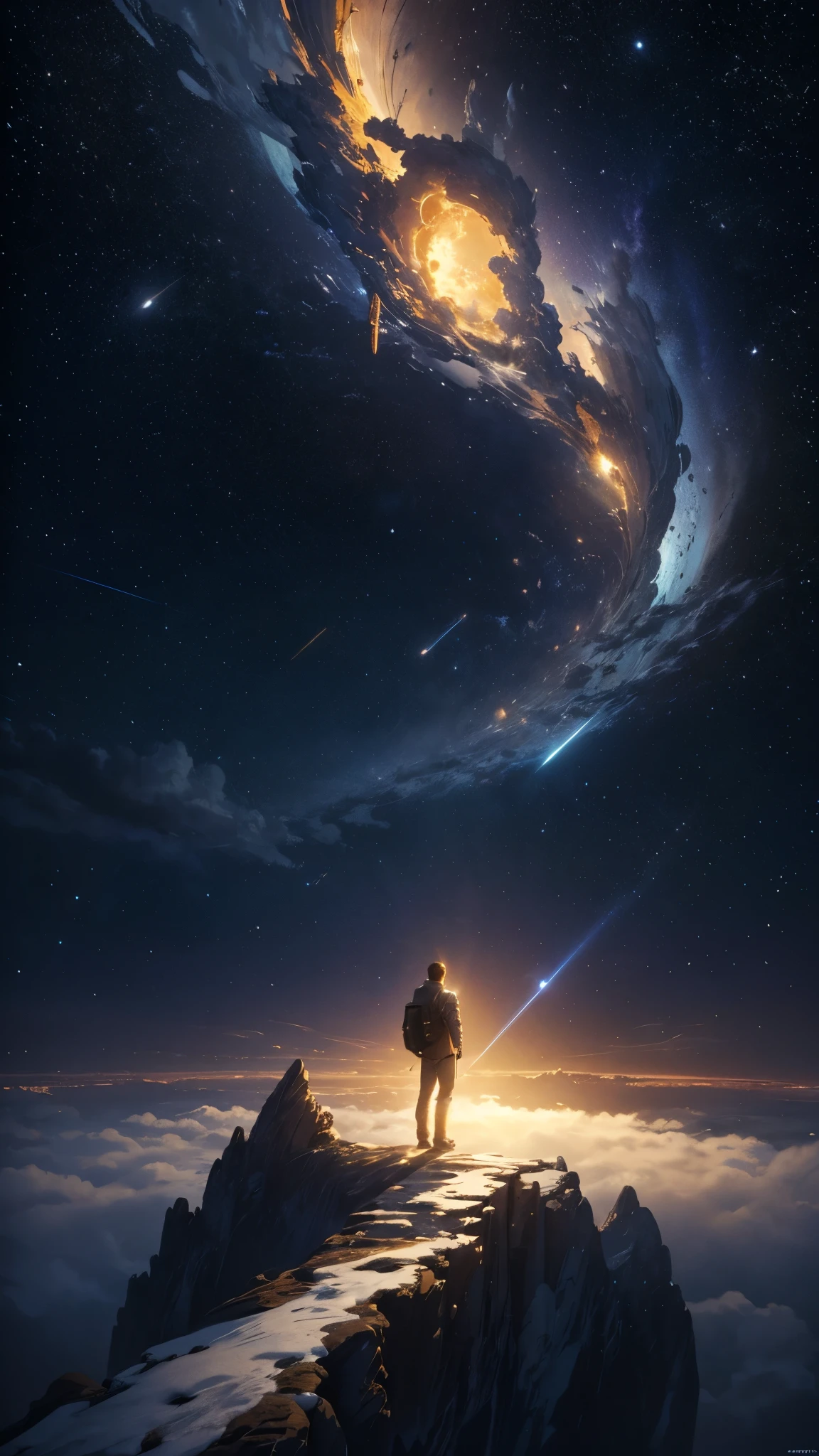 (Fond d&#39;écran CG Unity 8K très détaillé), Un homme regardant le ciel nocturne, Le plus beau panorama de l&#39;art spatial, Décor de l&#39;univers SF, planète, Ed Blinky, Atey Gailan, Peintures professionnelles et spectaculaires du Studio Ghibli, Jérémie Mann, Greg Manches, Antonio Moro, tendance sur art station, tendance sur CGSociety, compliqué, Détails élevés, netteté, Spectaculaire, Peintures photoréalistes de Midjourney et Greg Rutkowski