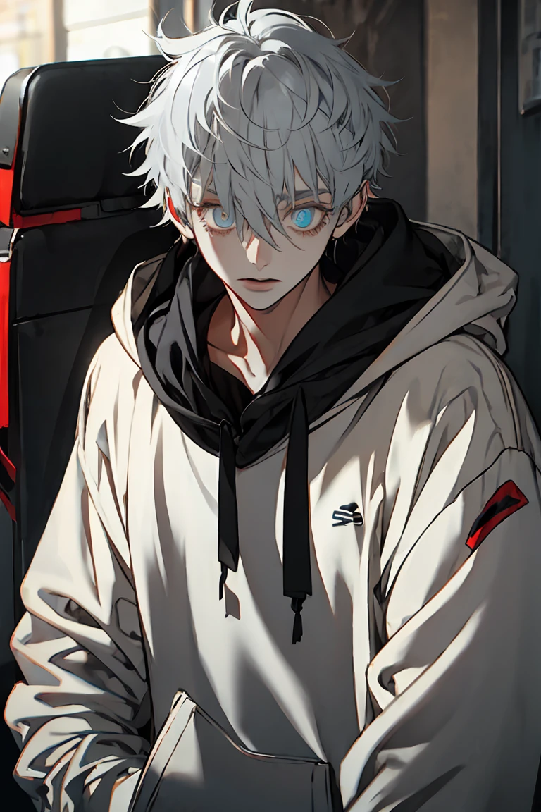 Boy with gray hair, hoodie, skate, dirty hair, (eyes:1.5)