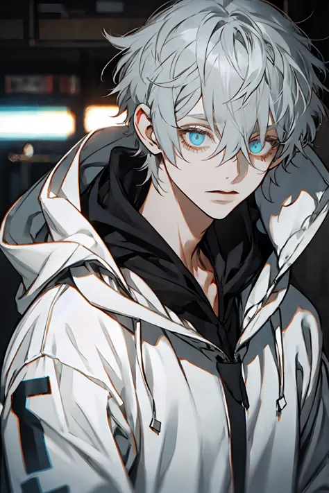 boy with gray hair, hoodie, skate, dirty hair, (eyes:1.5)