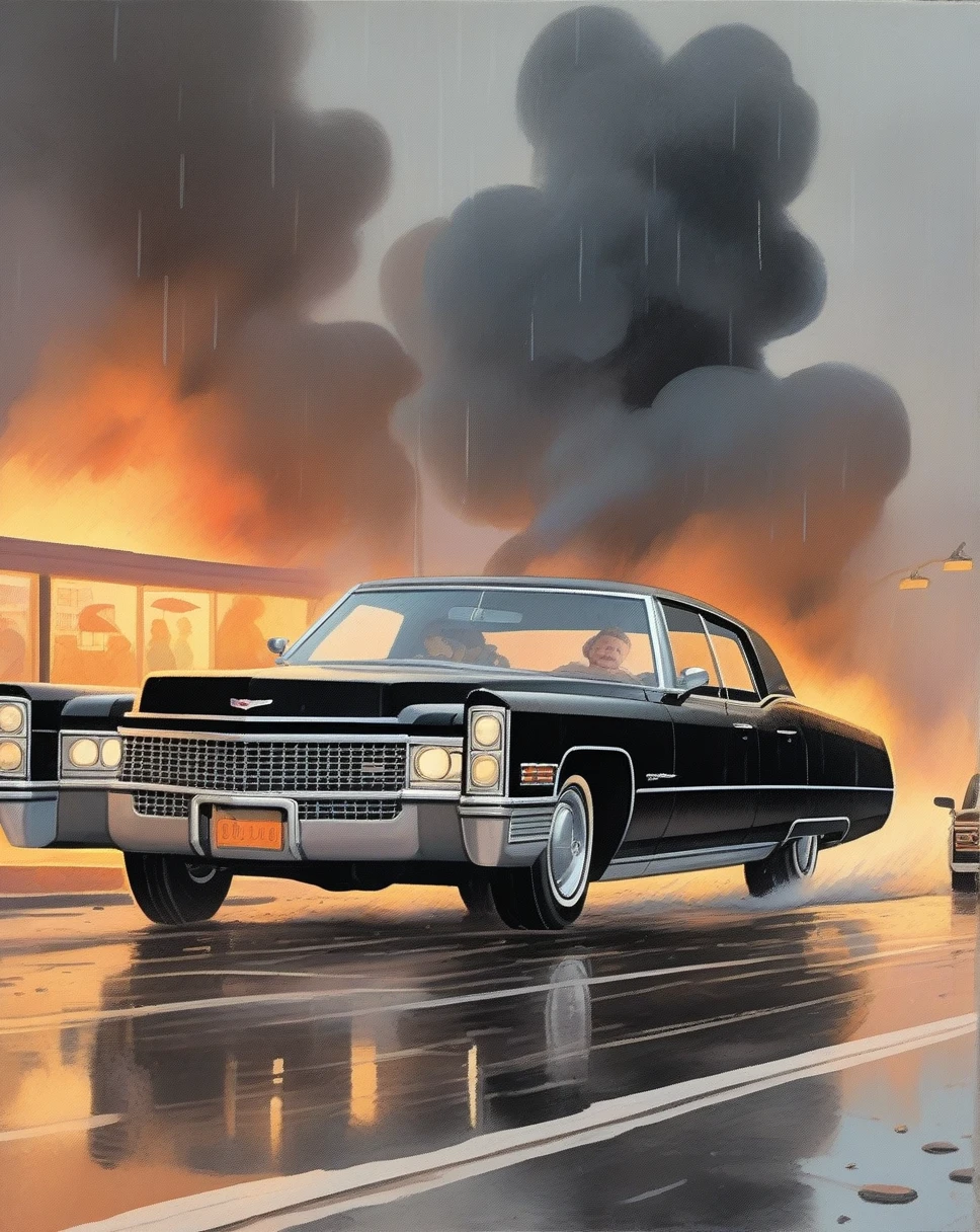 children's picture books,crayon paintings,blush. 1968 black cadillac, explosion in background, rain, old man fat is driving with his wife , black car,, black car,, black car,, black car,, black car,, black car,, black car,