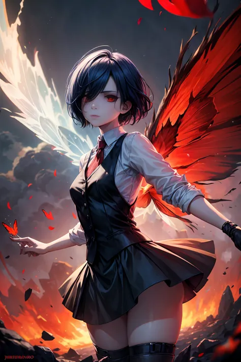 The image depicts a young woman with a dark and intense appearance. Her short blue hair is messy, partially covering her pale fa...