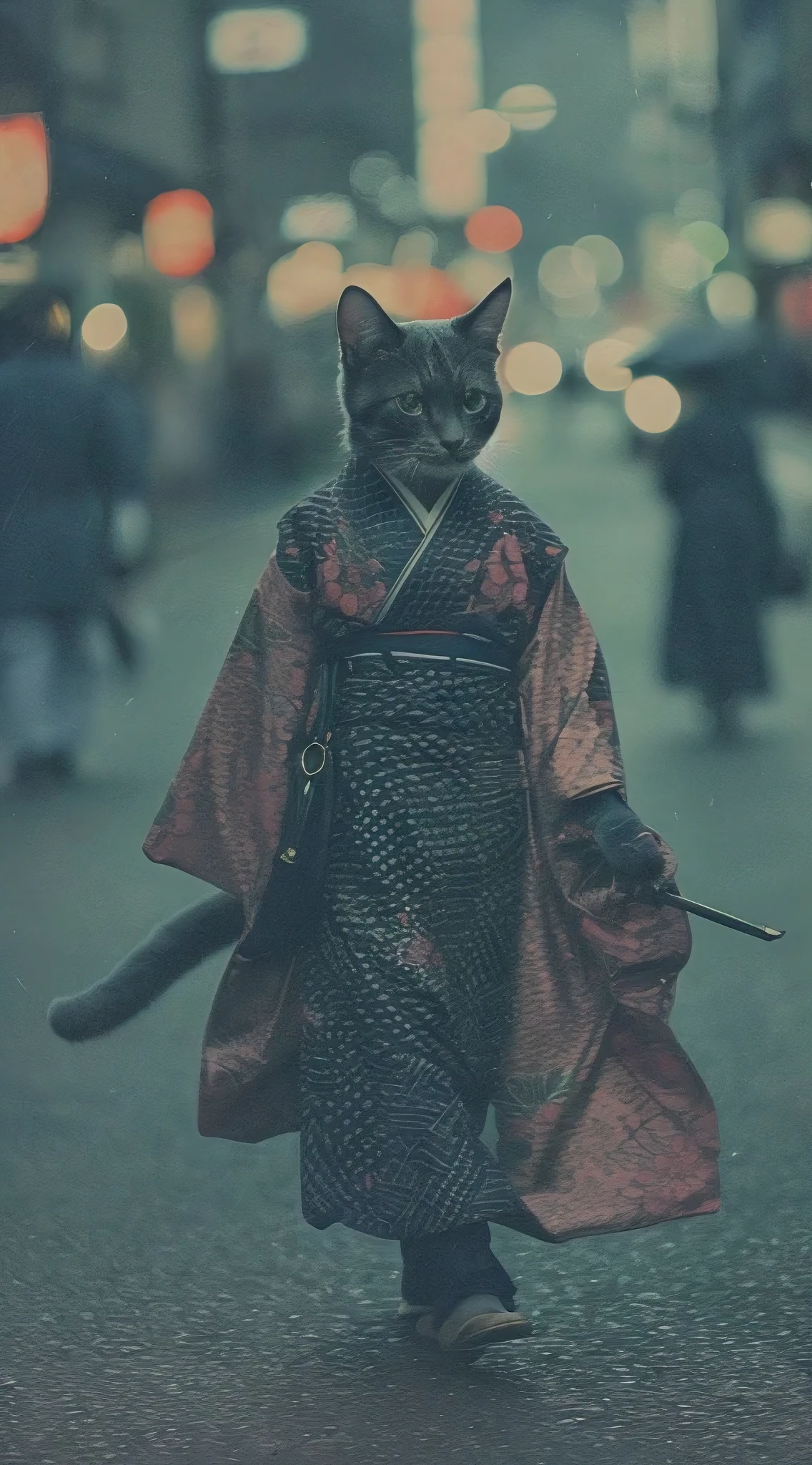Eine humanoide Katze in einem wunderschönen Kimono, Spaziergang durch die Straßen von Kyoto, analoges Foto, komplizierte Details, Filmische Beleuchtung, gedämpfte Farbpalette, Filmkorn, Tiefenschärfe, gute Qualität, Meisterwerk