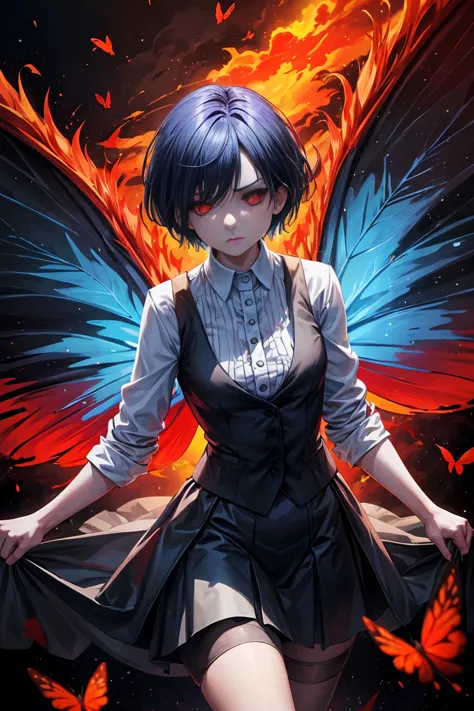 The image depicts a young woman with a dark and intense appearance. Her short blue hair is messy, partially covering her pale fa...