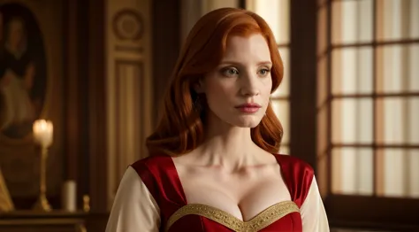 jessica chastain, regard hautain, noble du moyen age Belle femme en tenue complexe, sophistiquée et élégante，Costume aristocrati...