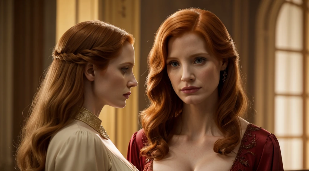 jessica chastain, regard hautain, noble du moyen age Belle femme en tenue complexe, sophistiquée et élégante，Costume aristocratique rouge en dentelles，cheveux blondeilleure qualité，8K，chef-d&#39;œuvre，Photo d&#39;ensemble，Lumière douce et naturelle，Une concentration claire，La beauté avec style，Texture du visage et de la peau très détaillée，angry look, Yeux détaillés，double paupière，à l&#39;intérieur du château, robe victorienne avec decolleté