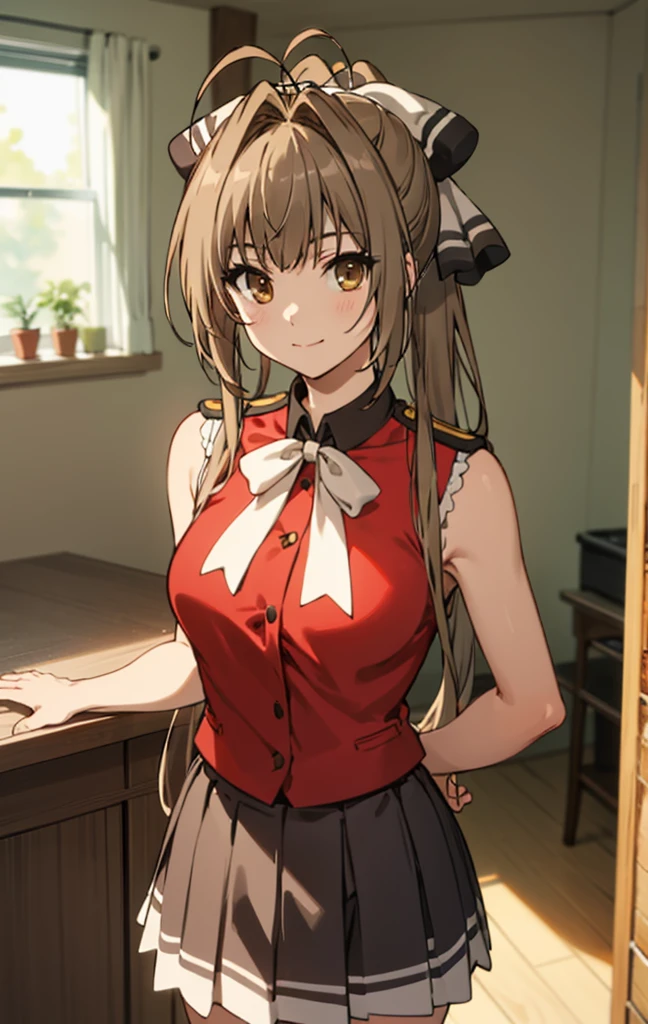 best quality, masterpiece, detailed,
SentoIsuzu,
solo, closed mouth, light smile,
brown hair, brown eyes, long hair, antenna hair, ponytail, hair bow,
SentoVest, red shirt, sleeveless, aiguillette, epaulettes, white bow, black skirt,
standing, looking at the viewer,
indoors