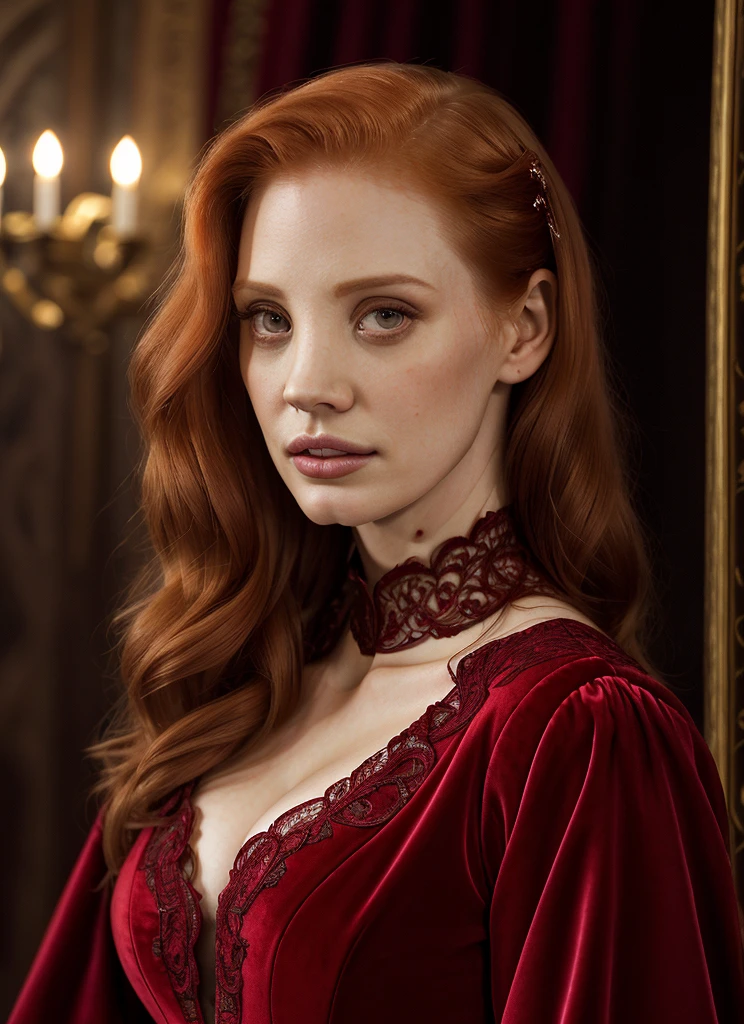 A beautiful, regal woman of the Middle Ages, jessica chastain, haughty gaze, elaborate and elegant costume, aristocratic red lace dress, highly detailed portrait, cinematic lighting, dramatic chiaroscuro, intricate embroidery, lush velvet, stunning realism, photorealistic, 8k, best quality, masterpiece