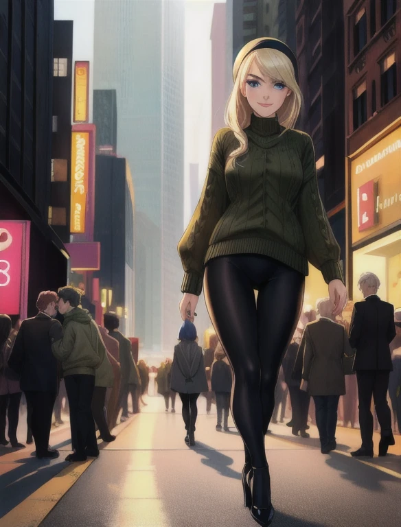 (masterpiece,best quality,absurdres,beautiful,aesthetic,detailed), (Detailed face:1.2), (Detailed eyes:1.2), 1girl, solo, (Gwen Stacy:1.1), platinum blonde hair, bright blue eyes, ((Wearing: Black headband, olive green sweater, black leggings, black heels)), looking at viewer with a relaxed and mellow smile, walking outside on New York streets, crowds of people on the surroundings, full body busy atmosphere, cinematic lighting, detailed background,
