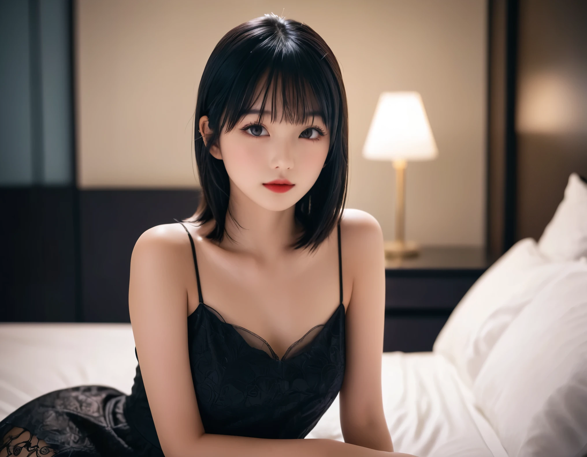 a girl，cute and pretty face，Long straight black hair，Long bangs covering eyes，long eyelashes，(Fine eyes)，small eyes，(half-closed eyes)，(Dark lipstick)，(Dark eyeshadow)，Slim body，perfect breasts，Slender limbs，spaghetti strap dress，Inside a hotel room，night，clean focus，shallow Depth of Field，Ultra-detailed faces，very beautiful face，Extremely high texture skin，Look to viewer，beautiful legs，seductive，femainine pose，(realistic ，realistic-photo，RAW photo，8K original)，lens flare，film grain，artistic photography，UHD，highres，masterpiece，retina，