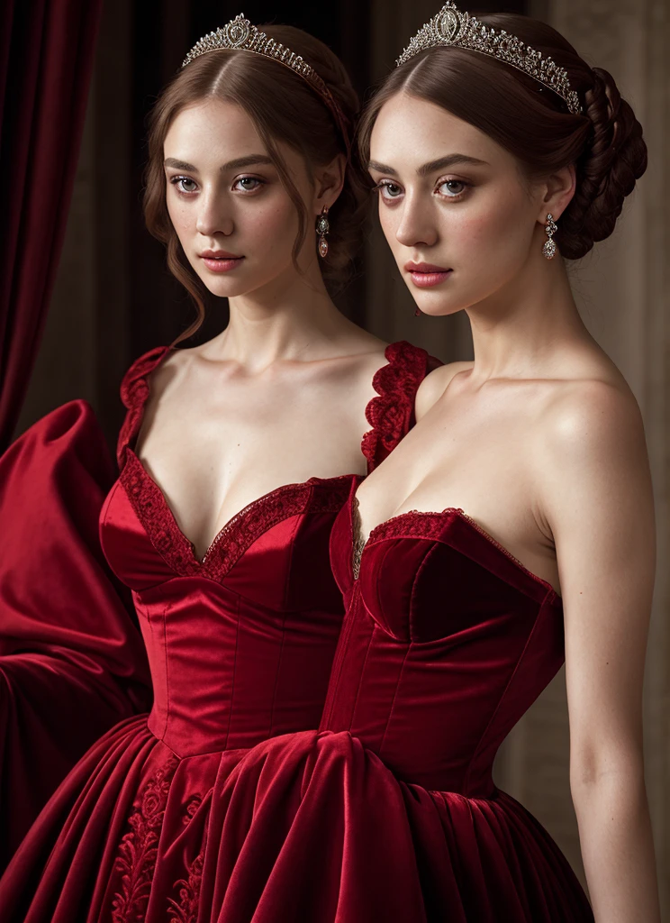 A beautiful, regal woman of the Middle Ages, haughty gaze, elaborate and elegant costume, aristocratic red lace dress, highly detailed portrait, cinematic lighting, dramatic chiaroscuro, intricate embroidery, lush velvet, stunning realism, photorealistic, 8k, best quality, masterpiece