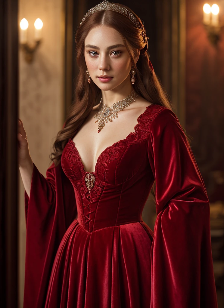 A beautiful, regal woman of the Middle Ages, haughty gaze, elaborate and elegant costume, aristocratic red lace dress, highly detailed portrait, cinematic lighting, dramatic chiaroscuro, intricate embroidery, lush velvet, stunning realism, photorealistic, 8k, best quality, masterpiece