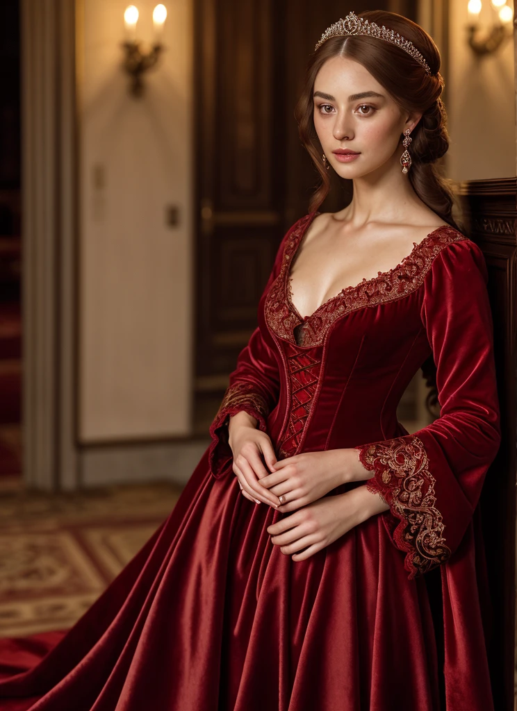 A beautiful, regal woman of the Middle Ages, haughty gaze, elaborate and elegant costume, aristocratic red lace dress, highly detailed portrait, cinematic lighting, dramatic chiaroscuro, intricate embroidery, lush velvet, stunning realism, photorealistic, 8k, best quality, masterpiece