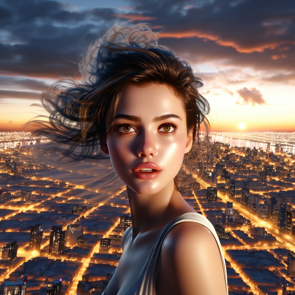 1girl, beautifully detailed eyes, beautiful detailed lips, extremely detailed eyes and face, long eyelashes, cinematic, epic scale, dramatic, panoramic, bird's eye view, meteor, disaster, cataclysm, nightscape, cityscape, coastal city, glowing sky, dramatic lighting, cinematic composition, photorealistic, 8k, high resolution, masterpiece, hyper detailed, ultra-realistic, studio lighting, physically-based rendering