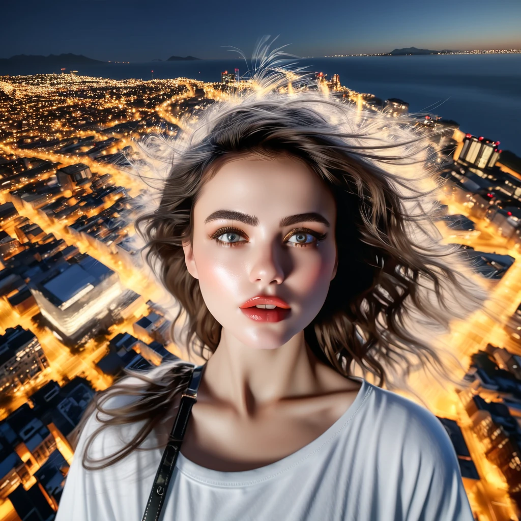 1girl, beautifully detailed eyes, beautiful detailed lips, extremely detailed eyes and face, long eyelashes, cinematic, epic scale, dramatic, panoramic, bird's eye view, meteor, disaster, cataclysm, nightscape, cityscape, coastal city, glowing sky, dramatic lighting, cinematic composition, photorealistic, 8k, high resolution, masterpiece, hyper detailed, ultra-realistic, studio lighting, physically-based rendering