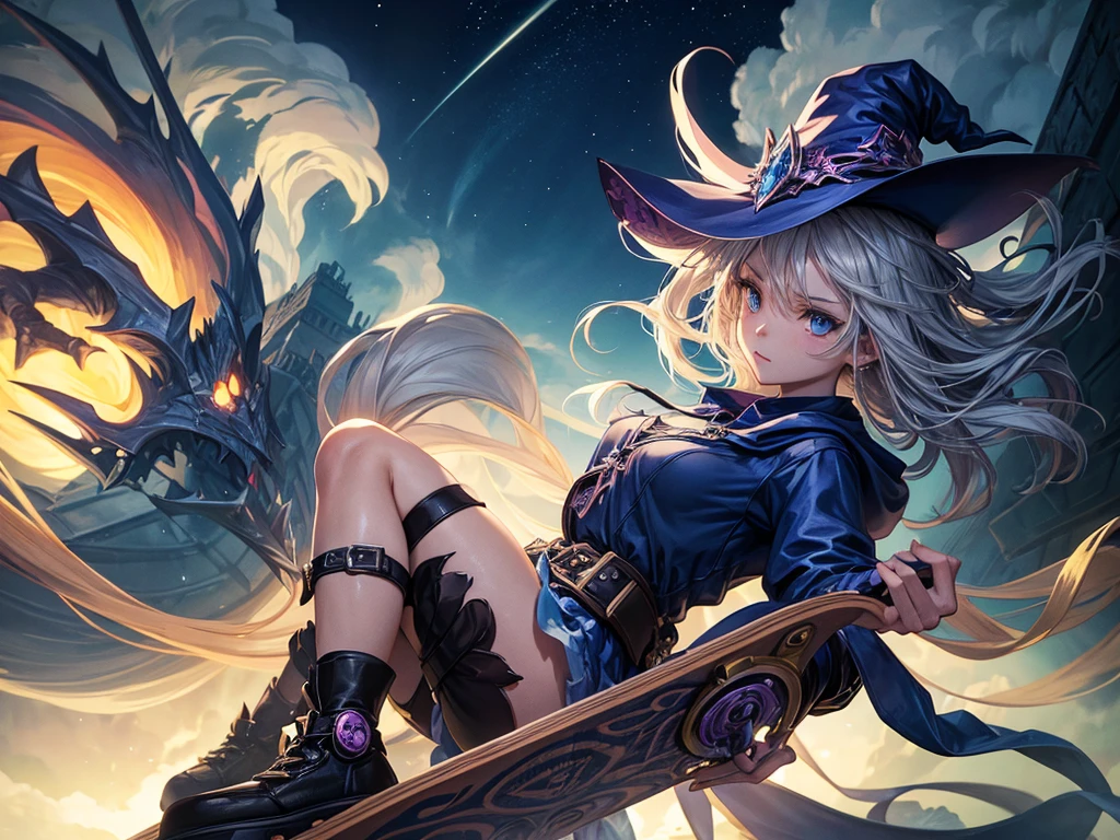 mysterious, magical,witch girl holding her enchanted skateboard, ready to ride, high detail, atmospheric 