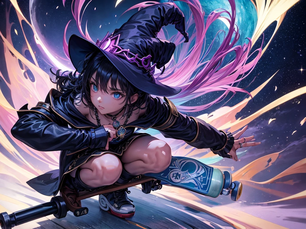 mysterious, magical,witch girl holding her enchanted skateboard, ready to ride, high detail, atmospheric 