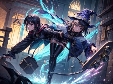 mysterious, magical,witch girl holding her enchanted skateboard, ready to ride, high detail, atmospheric