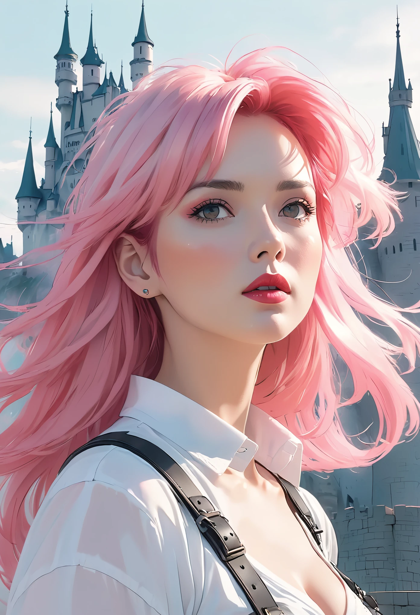 middle-aged girl，long pink hair, reddish-pink lips，In a bright white shirt，Pastel palette in aurora punk style，anime illustration of her face，Animated GIFs，Hand-drawn animation，Fascinating sketch，smooth and shiny，Foggy romanticism，Super flat style,White background -- ar 1:1-niji 5-expressive style-with 50，cleavage，large breasts，Shoulder straps are detachable, castle in the background