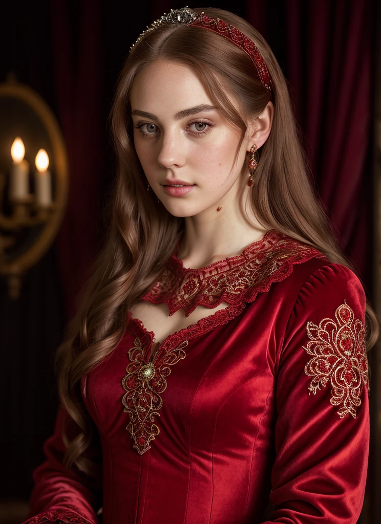 A beautiful young teenies, regal woman of the Middle Ages, haughty gaze, elaborate and elegant costume, aristocratic red lace dress, highly detailed portrait, cinematic lighting, dramatic chiaroscuro, intricate embroidery, lush velvet, stunning realism, photorealistic, 8k, best quality, masterpiece