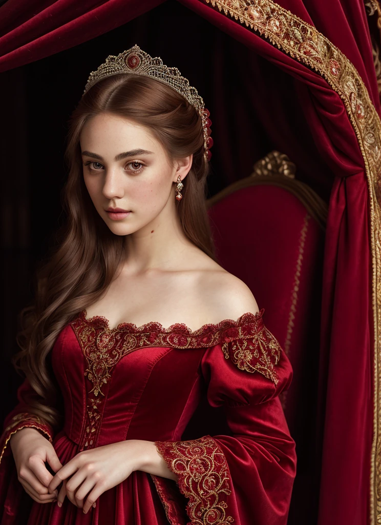 A beautiful young teenies, regal woman of the Middle Ages, haughty gaze, elaborate and elegant costume, aristocratic red lace dress, highly detailed portrait, cinematic lighting, dramatic chiaroscuro, intricate embroidery, lush velvet, stunning realism, photorealistic, 8k, best quality, masterpiece