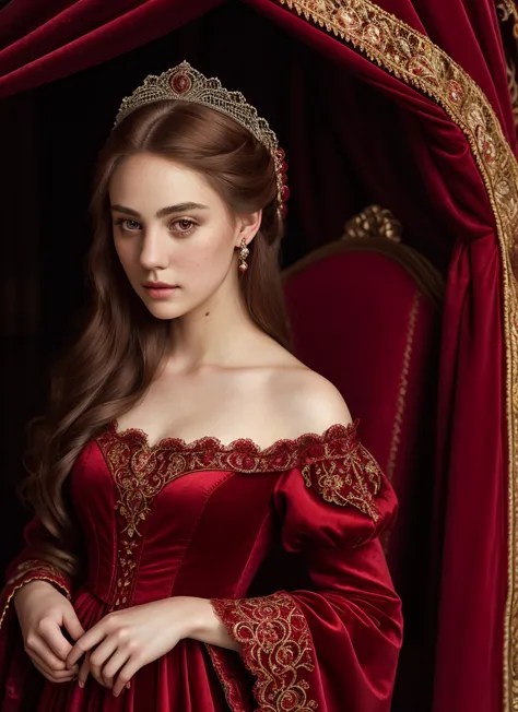 a beautiful young teenies, regal woman of the middle ages, haughty gaze, elaborate and elegant costume, aristocratic red lace dr...