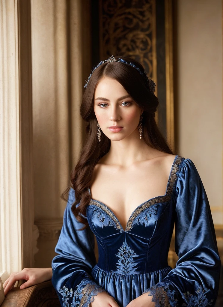 A beautiful, regal woman of the Middle Ages, haughty gaze, elaborate and elegant costume, aristocratic blue lace dress, highly detailed portrait, cinematic lighting, dramatic chiaroscuro, intricate embroidery, lush velvet, stunning realism, photorealistic, 8k, best quality, masterpiece