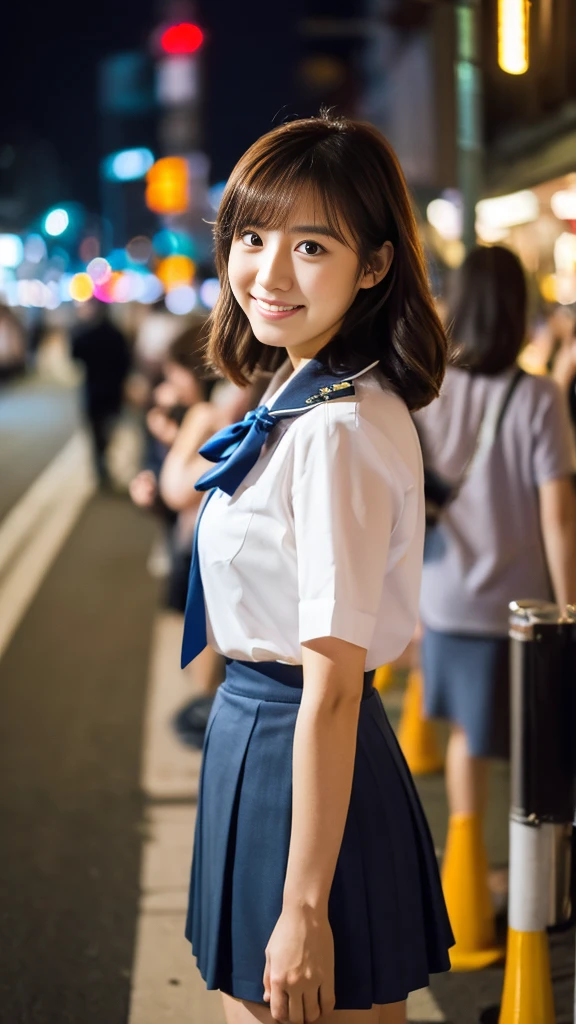 (8K, RAW Photos, Highest quality, Learning:1.3),(Realistic,photo-Realistic:1.37),(night),(The audience watching:1.331),(Gray Hair),Pause,Tokyo Street,nightcityscape,Cyberpunk City,Soft Light, One girl, Very beautiful face, Perfect Body Proportions, focal distance, bust, casual hairstyle, smile, Big eyes, (short sleeves ＪＫ_shirt), ＪＫ_style, (navy ＪＫ_skirt), (bow ＪＫ_tie), Mix 4, Fine grain