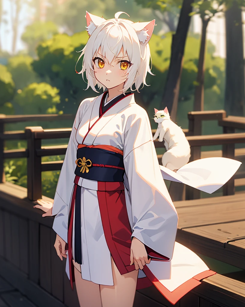 (4k),(Masterpiece),Extremely Detailed,Refined,Super Detailed,Professional Photography,Bokeh,High Definition,Sharp Detail,Best Quality,RTX,
day,forest,
ToujoKoneko,1 girl,white hair,small breasts,short hair,white cat ears,yellow eyes,cat ears,slit_pupils,
kimono,long kimono,black obi,white kimono,closed clothes,
serious,standing on the deck of a wooden ship,looking_at_viewer,