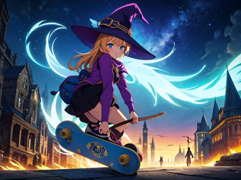 mysterious, magical,witch girl holding her enchanted skateboard, ready to ride, high detail, atmospheric