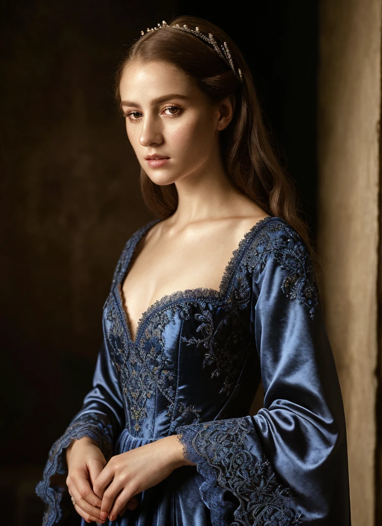 A beautiful, regal woman of the Middle Ages, haughty gaze, elaborate and elegant costume, aristocratic blue lace dress, highly detailed portrait, cinematic lighting, dramatic chiaroscuro, intricate embroidery, lush velvet, stunning realism, photorealistic, 8k, best quality, masterpiece