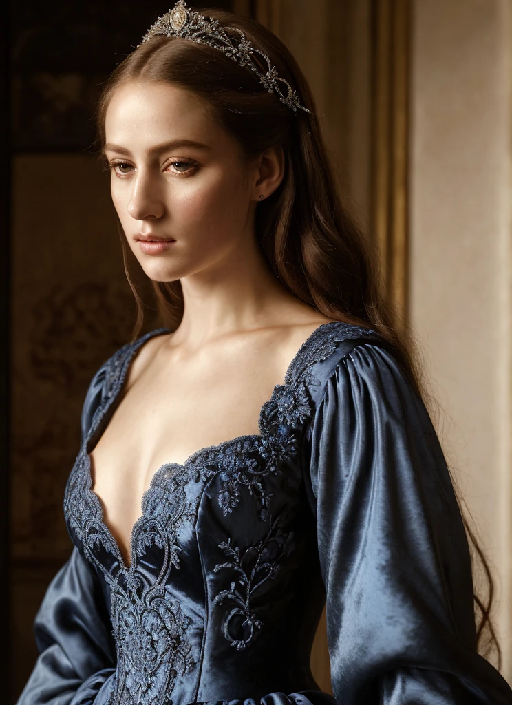 A beautiful, regal woman of the Middle Ages, haughty gaze, elaborate and elegant costume, aristocratic blue lace dress, highly detailed portrait, cinematic lighting, dramatic chiaroscuro, intricate embroidery, lush velvet, stunning realism, photorealistic, 8k, best quality, masterpiece